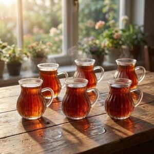 6'lı Kulplu Borosilikat Fitil Desenli Cam Çay Bardağı Seti - Şeffaf ve Isıya Dayanıklı Şık Çay Takımı 180ML