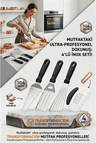 304 Inox Paslanmaz Çelik 4’lü Spatula ve Hamur Kesici Seti - Ultra Profesyonel Seri 723144