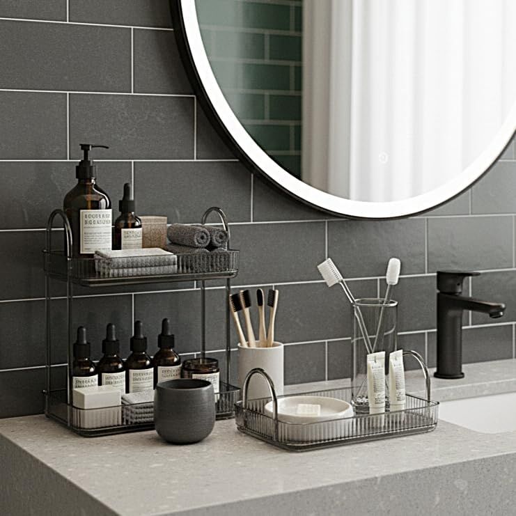 Banyo Düzenleyici Organizer Banyo Rafı (Duman Gri, Tek + Iki Katlı Set)