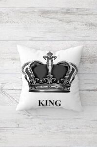 King And Queen Taç Desenli Gizli Fermuarlı Kırlent Kılıfı Koltuk Yastık Kılıfı TAKIM(4ADET), Siyah-Gri-Beyaz 45 x 45