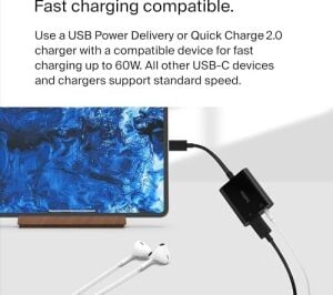 Usb-C Şarj Adaptörlü 3,5 mm Ses, iPad Pro, Galaxy, Note, Google Pixel, Lg G6,  Xperia, Oneplus ve Daha Fazlası ile Uyumlu Usb-C Ses Adaptörü - Siyah