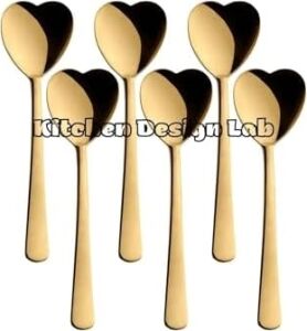 Kalp Şekilli Dondurma ve Tatlı Kaşığı, Çelik, 6 Adet, Çok Renkli, 18 Cm, Altın Renk Kaplama