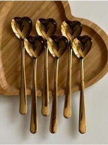 Kalp Şekilli Dondurma ve Tatlı Kaşığı, Çelik, 6 Adet, Çok Renkli, 18 Cm, Altın Renk Kaplama