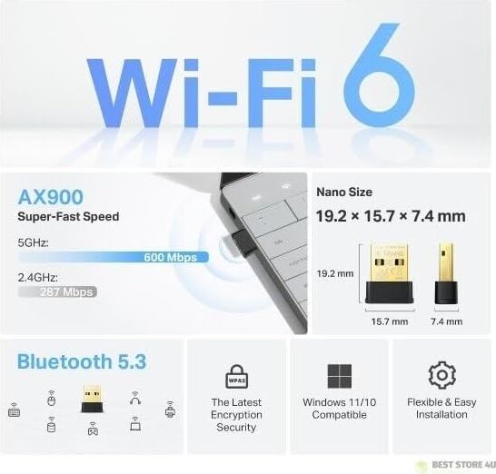TX10UB | Wi-Fi 6 & Bluetooth 5.3 USB Adaptör | AX900 Mbps | Çift Bant | Ikisi Bir Arada | Kolay Kurulum | Windows Uyumlu