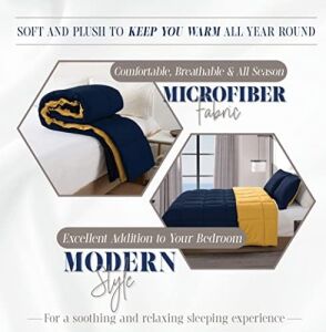 Elegant Comfort 3 Parça Ters Çevrilebilir Yorgan Seti, Dört Mevsim Rahat, Yumuşak Kuş Tüyü Alternatif, Kapitone - Kutu Dikişli - 4 Köşe Sekmeli Nevresim Takımı, Süslü Yorgan, Kral, Lacivert/sarı