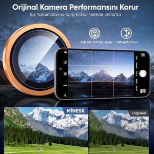 iPhone 17 Pro-17 Pro Max ile Uyumlu Alüminyum Alaşım Çerçeveli ve 9h Sertliğinde Temperli Camlı Lens Koruyucu (Kozmik Turuncu, Lens Glass)