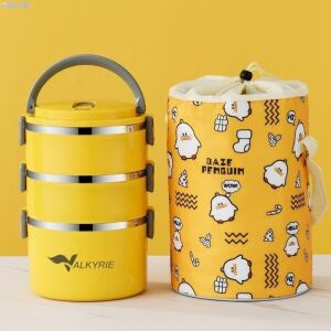 3 Gözlü Çelik Penguen Desenli Sarı Termal Bento Kutusu Çocuklar Için Şirin