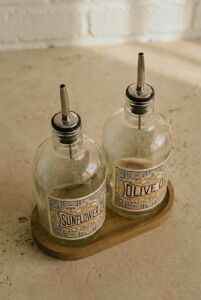 2'li Ahşap Stantlı Çeliktıpalı 750 ml Cam Ayçiçek Yağı Zeytinyağı Şişesi Yağdanlık Vintage  (At) (Froldeat)