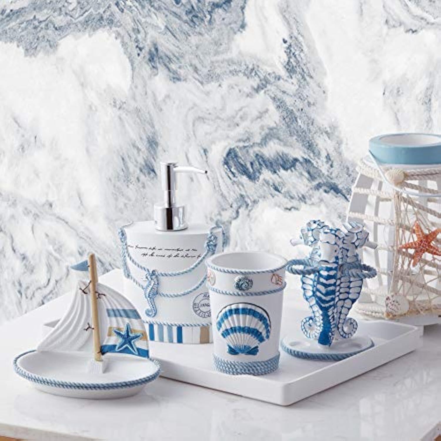 Collection Dekoratif Güzel Tasarımlar Banyo Dekoru, Reçine, Plaj Yaşamı, 4 Parça Set