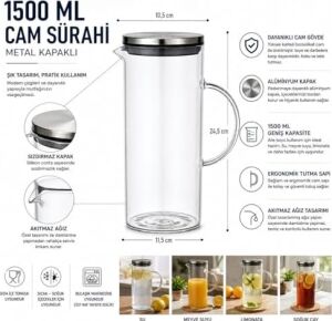 1500 ml Cam Sürahi Metal Kapaklı Şeffaf Sürahi Dayanıklı Cam Gövde Ergonomik Sap Akıtmaz Ağız Tasarımı Soğuk Içecekler Için Limonata Meyve Suyu Su Sürahisi Modern Mutfak Kullanımı