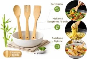 Bambu Mutfak Seti, Kaşık, Çatal, Spatula, Doğal Ahşap, Çizmez, Tava Dostu, 3 Parça,bambu Mutfak Gereçleri Seti, Kaşık, Servis Çatalı, Düz Spatula, Isıya Dayanıklı, Doğal Malzeme, 3'lü Set
