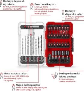 Orijinal  M-Case 39-Parça Darbeye Dayanıklı Set (25 mm Uçlar, Metal Matkap, Ahşap, Taş, 60 mm Tutucu, Lokma Anahtar, Havşa Ucu, Saklama Kutusu Dahil) - 49108759