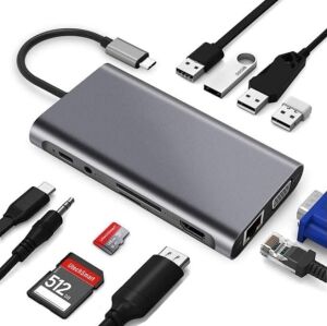 Type-C To HDMI Adaptör 11 In 1 Dört USB 3.0 Bağlantı Noktası 4K HDMI VGA Type C Pd Usb3.0 RJ45 Ethernet Sd Tf Kart Okuyucu 3.5mm Aux MacBook Pro Air Uyumlu
