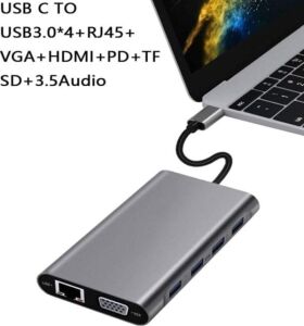 Type-C To HDMI Adaptör 11 In 1 Dört USB 3.0 Bağlantı Noktası 4K HDMI VGA Type C Pd Usb3.0 RJ45 Ethernet Sd Tf Kart Okuyucu 3.5mm Aux MacBook Pro Air Uyumlu