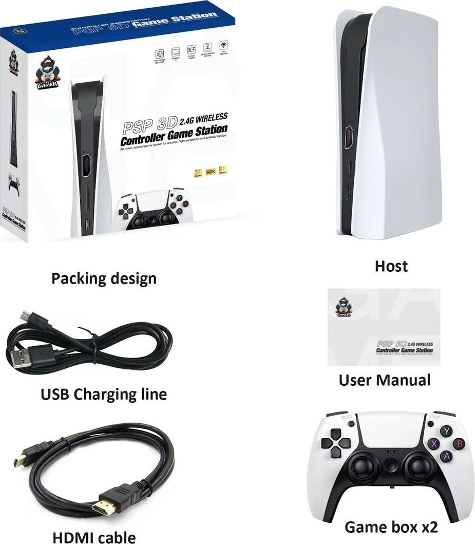 Beyaz 4K UHD Retro Joystickli Çift Kişilik Oyun Konsolu 128GB Ps1 Pes Gta Destekli