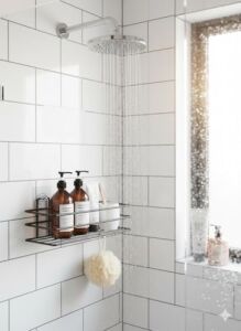 Yapışkanlı Siyah Banyo ve Mutfak Rafı – Tek Katlı Düz Şampuanlık ve Baharatlık, Delmeden Montaj, Matkap Vida Gerektirmeyen Su Geçirmez Duvar Organizeri (2 Adet)