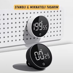 Rt-1 Mıknatıslı Rotary Zamanlayıcı 0-199 Ileri Geri Sayım Kronometre, Ayaklı Stand, LED Ekran, Usb-C Şarjlı, Pomodoro & Mutfak Timer (Beyaz)