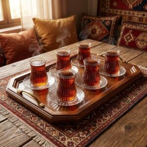 12 Parça Çay Seti - 6 Adet Fitil Desenli Cam Çay Bardağı ve 6 Adet Cam Çay Tabağı - Isıya Dayanıklı Çay Takımı