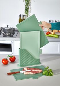 4 Parça Plastik Kesme Tahtası Seti, Standlı, Renkli, Hijyenik, Kaymaz 3 Adet Gıda Hazırlama Tahtası 31X20 cm Sebze Et Balık Kesim Tahtası, Mutfak Düzenleyici Organizer