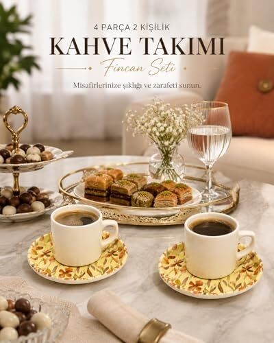 Kahve Fincan Takımı, Floral Desenli 4 Parça 2 Kişilik Seramik, Seramik Kahve Takımı, 4 Parça Kahve Seti, Şık Desenli Seramik Türk Kahvesi Fincan Seti, Premium Seramik Kahve Seti, Modern Kahve Seti