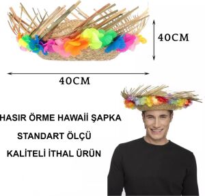 Naturel Renk Püsküllü Örme Hasır Hawaii Luau Aloha Şapka 13X36 cm