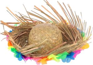 Naturel Renk Püsküllü Örme Hasır Hawaii Luau Aloha Şapka 13X36 cm