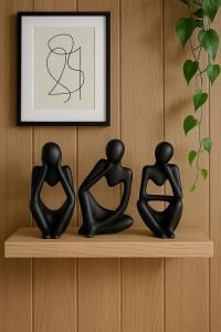 Ev & Ofis Dekoru – Siyah 3’lü Insan Figürü Seti | El Yapımı Minimalist Heykel Takımı