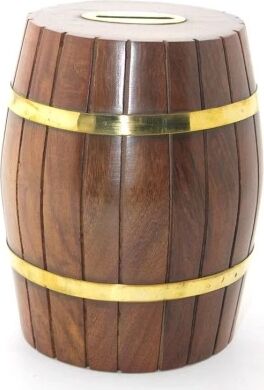 Pirinç Ahşap Fıçı Kumbara 15 cm