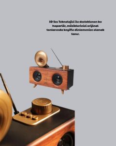 Nostaljik Gramofon Bluetooth Hoparlör – Fm Radyo + USB + Sd Kart Destekli
