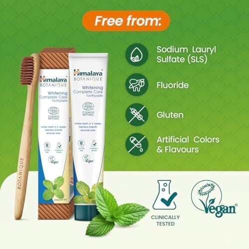 Himalaya Botanique Beyazlatıcı Komple Bakım Diş Macunu 75ML | Ecocert Cosmos Sertifikalı | Organik Aktif, Nane Aromalı | Daha Beyaz Dişler, Daha Ferah Nefes | Florür & Gluten Içermez