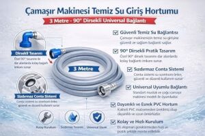 Çamaşır Makinesi Temiz Su Giriş Hortumu 1.5 M 90° Dirsekli Universal Bağlantı, Dayanıklı Pvc Gri Makine Su Besleme Hortumu, Sızdırmaz Contalı Kolay Montajlı Temiz Su Hortumu