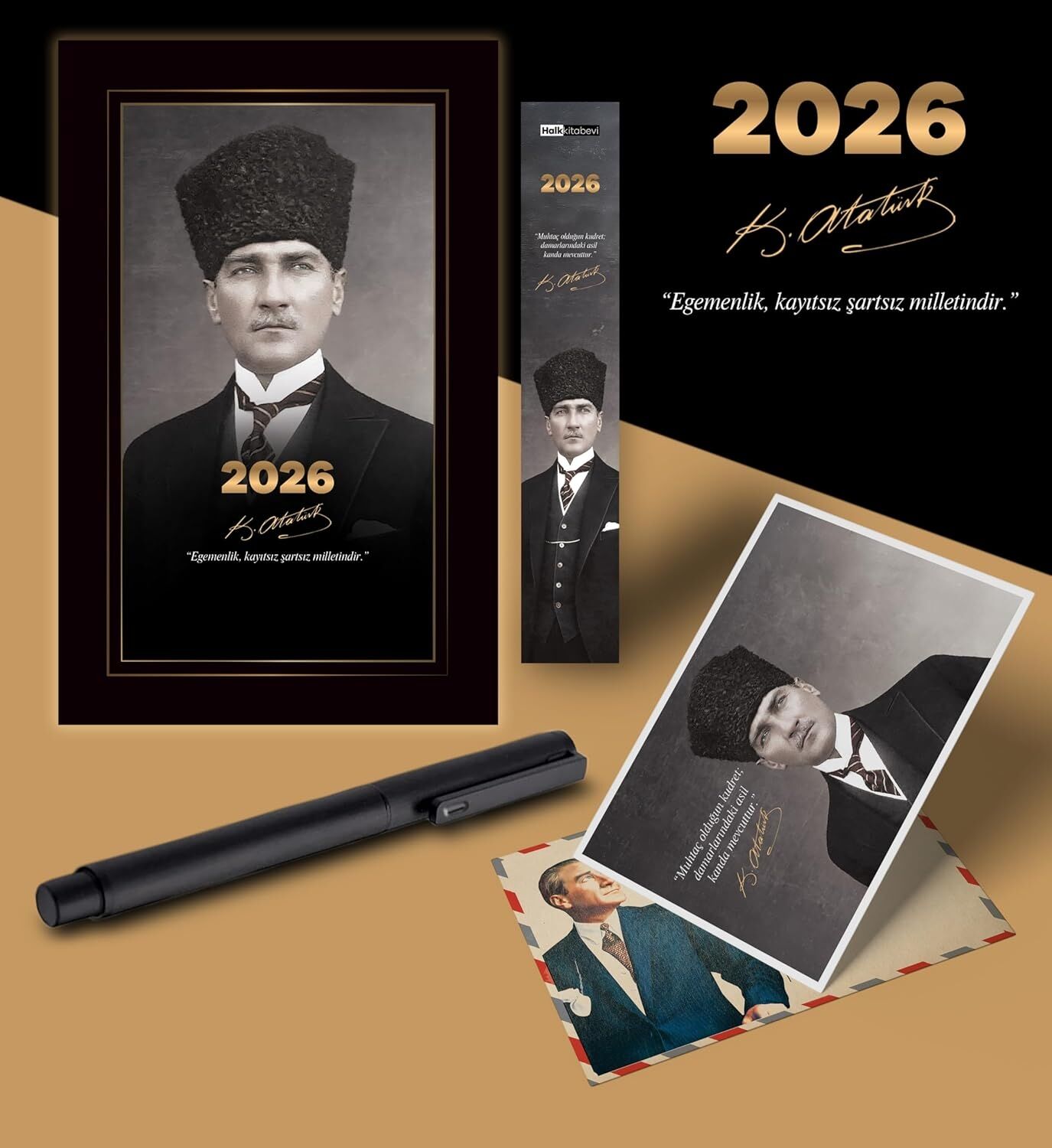 2026 Kalpaklı Atatürk Ajandası Ayraç Kartpostal Kalem - Siyah