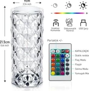 Kristal Elmas LED Dokunmatik Sensör USB Şarjlı Masa Lambası Rgb Gece Lambası