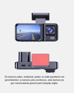 Üç Kameralı Dash Cam 170° Geniş Açılı Full Hd Gece Görüşlü