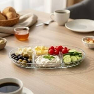 Şık Tasarımlı 3 Bölmeli Cam Kahvaltılık – 27X15 cm Dayanıklı Servis Tabağı, Çok Bölmeli Sunum Kabı, Çizgili Desen Modern Cam Meze ve Atıştırmalık Tabağı