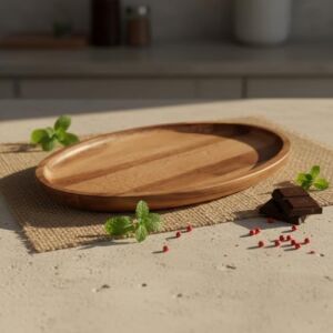 Akasya Ağacı Oval Sunum Tabağı (28X18 Cm) | Yükseltilmiş Kenarlı Doğal Ahşap Servis Tepsisi | Kahve, Peynir ve Atıştırmalık Sunumları Için