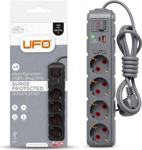 Yeni 4lü Akım Korumalı Grup Priz 1,5 Metre Bakır Kablolu, 5V 2,4A USB ve Type-C ile Şarj, Anahtarlı Topraklı Priz, Sürekli Koruma, 16A 250V, Max 3500W Aşırı Yük Koruması, 1,5m. Gri Renk