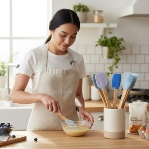 Silikon Kaşık Seti, Bambu Saplı, Mavi ve Mor Renkli, 5 Parça, Spatula ve Fırça Dahil