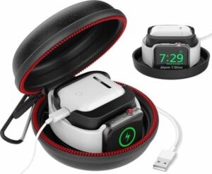 Apple Watch Taşıma Çantası Airpods 1 2 3 Uyumlu | Kablolu Şarj Destekli Sert Eva Kılıf | Darbe Emici Fermuarlı Koruma Siyah