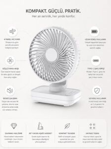 Yk Şarjlı Masaüstü Vantilatör USB Type-C – 4 Kademeli Hız, Sessiz Çalışma, Taşınabilir Mini Fan, Uzun Batarya, 90° Ayarlanabilir Başlık, Ofis Ev Kullanım Fan Vantilatör
