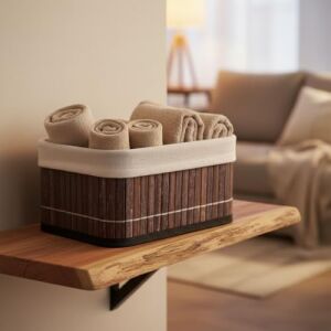 Mini Dikdörtgen Bambu Düzenleyici ve Saklama Sepeti – Gri Ahşap Banyo, Makyaj ve Ofis Organizeri, Kumaş Astarlı Dekoratif Kutu (20X15X10 Cm)