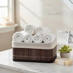 Mini Dikdörtgen Bambu Düzenleyici ve Saklama Sepeti – Gri Ahşap Banyo, Makyaj ve Ofis Organizeri, Kumaş Astarlı Dekoratif Kutu (20X15X10 Cm)