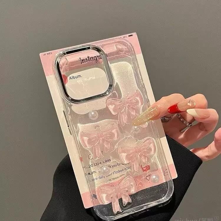 3D Pembe Kurdeleli Şeffaf Simli iPhone 15 Uyumlu Kılıf – Kamera Korumalı, Darbe Emici Silikon