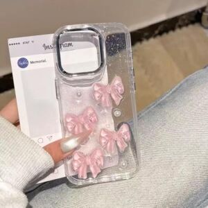 3D Pembe Kurdeleli Şeffaf Simli iPhone 15 Uyumlu Kılıf – Kamera Korumalı, Darbe Emici Silikon