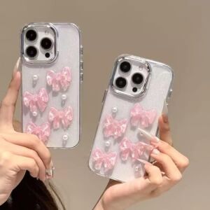 3D Pembe Kurdeleli Şeffaf Simli iPhone 15 Uyumlu Kılıf – Kamera Korumalı, Darbe Emici Silikon