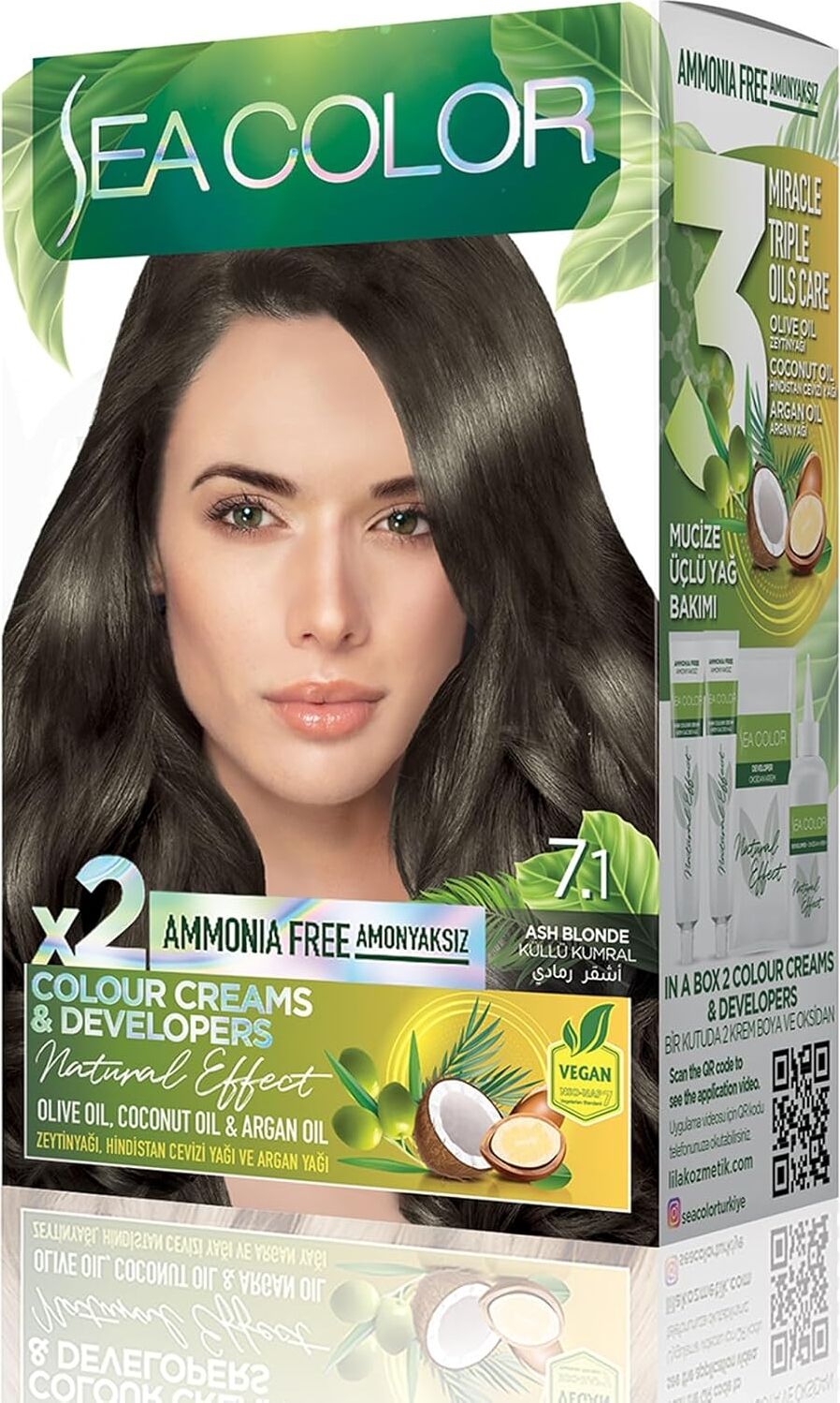 Amonyaksız, Vegan, Doğal, Besleyici Kalıcı Saç BOYASI%100 Beyaz Kapama (1 Paket 2 x 50 ml Boya & Oksidan) (Küllü Kumral 7.1)