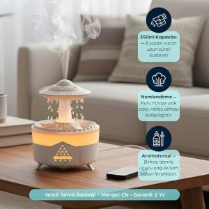 Yağmur Damlası Aroma Difüzörü – Hava Nemlendirici Buhar Makinesi – Raindrop Modlu, Renkli Işıklı, Zaman Ayarlı & Otomatik Kapanmalı Dekoratif Difüzör Uzaktan Kumandalı