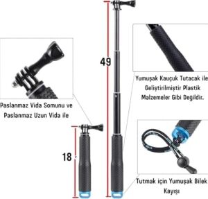 Gopro Ile Uyumlu Selfie Çubuğu,gopro/djı Ile Uyumlu Aksiyon Kamera Selfie Çubuğu,alüminyum Gövde,su Altı Kullanımına Uygun Paslanmaz Vida,kaymaz Kauçuk Sap,bilek Kayışı & Spor – Seyahat – Vlog Için