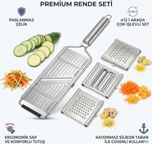 Premium Rende Seti, 4'ü 1 Arada, Paslanmaz Çelik, Ergonomik Sap, Kaydırmaz Silikon Taban, Dilimleyici ve Jülyen Bıçağı