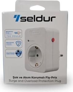 Şok ve Akım Korumalı Fiş-Priz, 16A-250V, Max 3600W 720 Joule, Reset Edilebilir, Sürekli Koruma, Toprak Hatlı, Çocuk Korumalı, Siyah Renk, E1TD33S